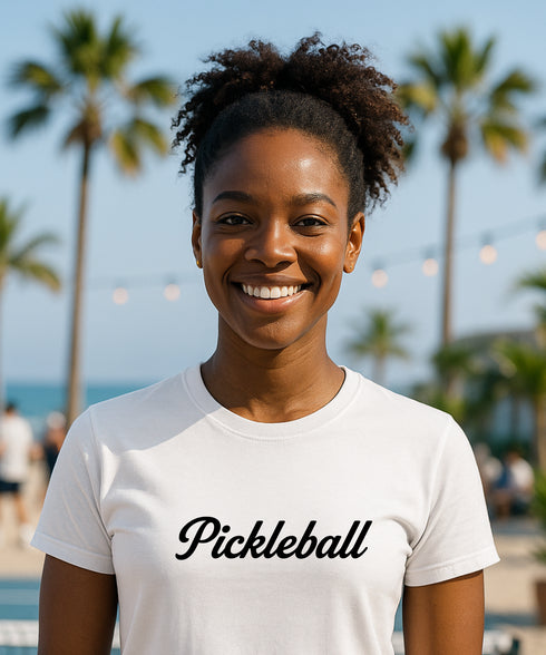 Pickleball Classic Script by Pepini Pickleball — white Casual Wear Pickleball T-Shirt front view